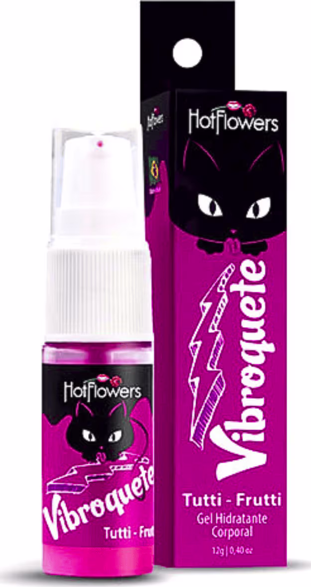 A imagem mostra o Gel Beijável Vibroquete Tutti-Frutti da marca HotFlowers e ao lado há a caixa.