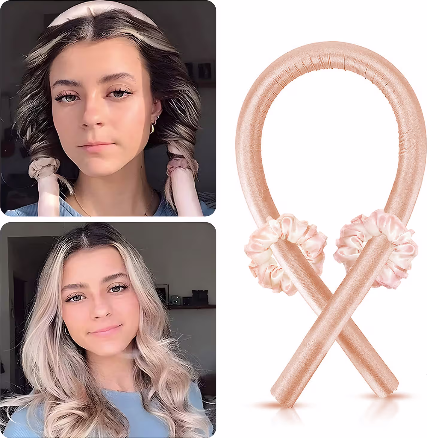 A imagem mostra a modelo usando o modelador e, depois, a modelo com o cabelo solto já modelado. Ao lado, o modelador e as xuxinhas.