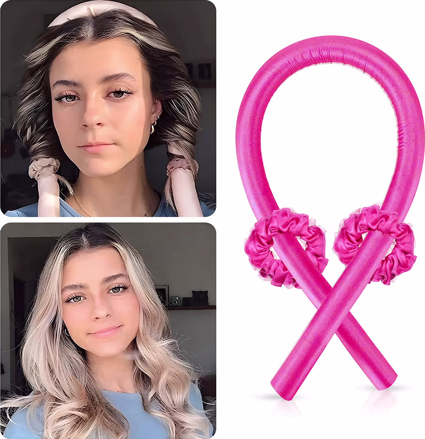 A imagem mostra a modelo usando o modelador e, depois, a modelo com o cabelo solto já modelado. Ao lado, o modelador e as xuxinhas.