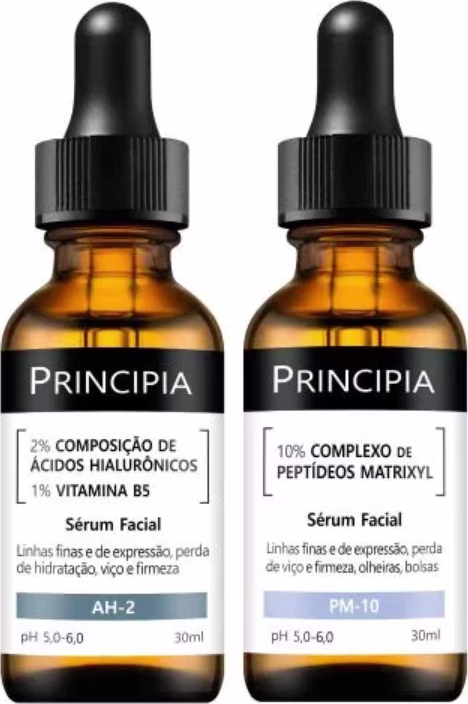 Dois frascos de soro facial da marca Principia, contendo 2% de ácidos hialurônicos e 1% de vitamina B5 (AH-2) e 10% de complexo de peptídeos matrixyl (PM-10), com rótulos em preto e amarelo.