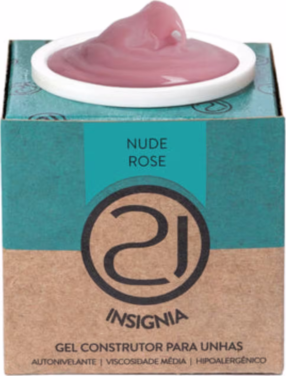 A imagem mostra o gel construtor para unhas em uma embalagem retangular de papelão na cor turquesa e bege, com o logotipo da marca em preto. Contém um pote branco com o produto gel em tom nude rose aparecendo no topo.
