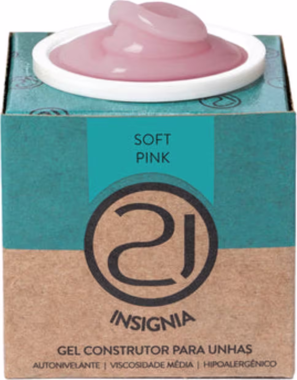 A imagem mostra o gel construtor para unhas em uma embalagem retangular de papelão na cor turquesa e bege, com o logotipo da marca em preto. Contém um pote branco com o produto gel em tom rosa aparecendo no topo.
