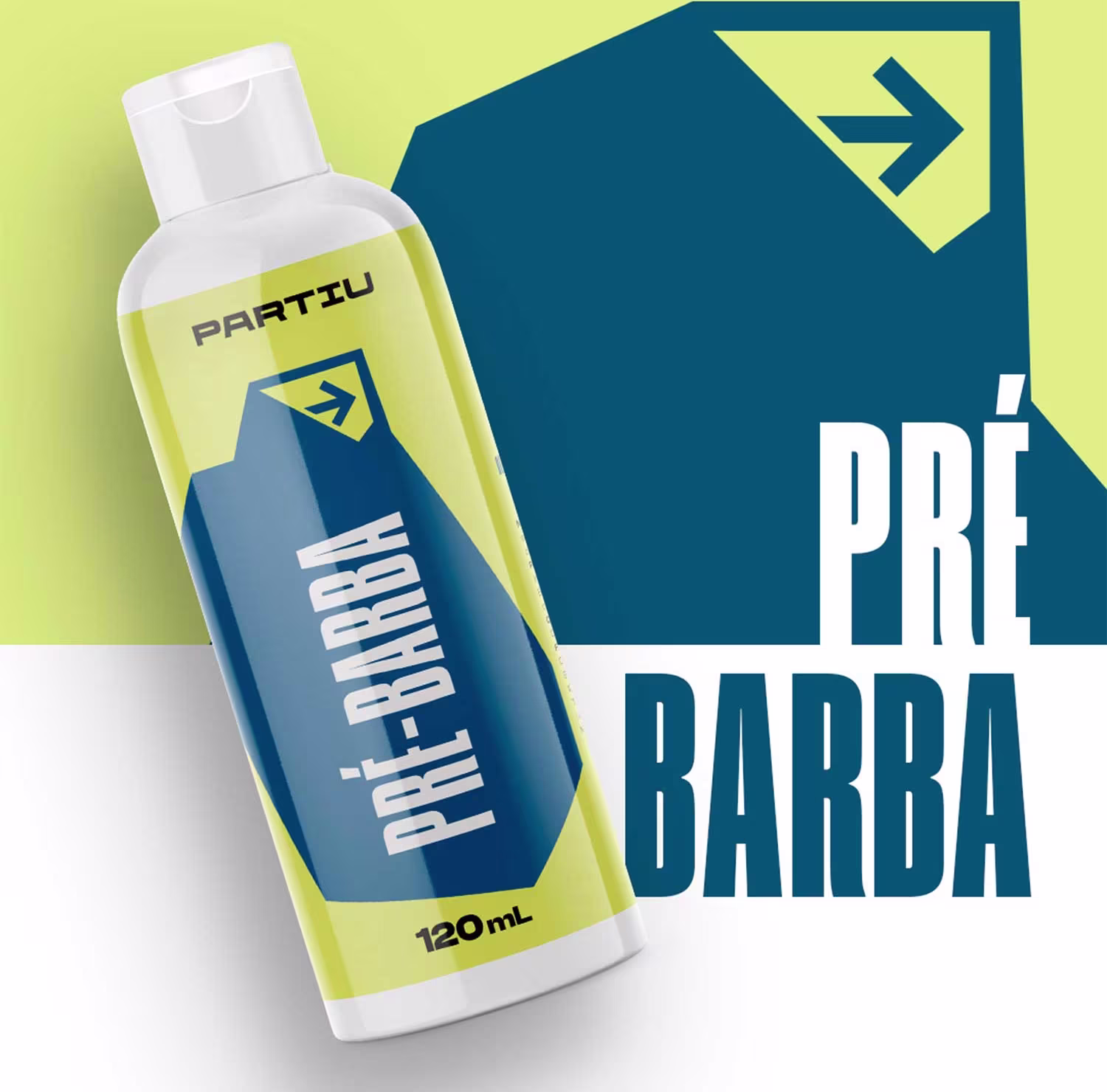 Produto de beleza Partiu, embalagem plástica com rótulo azul e branco e o nome "Pre-Barba" em letras grandes e o logotipo Partiu. Volume de 120ml indicado na embalagem. Formato retangular com tampa branca.