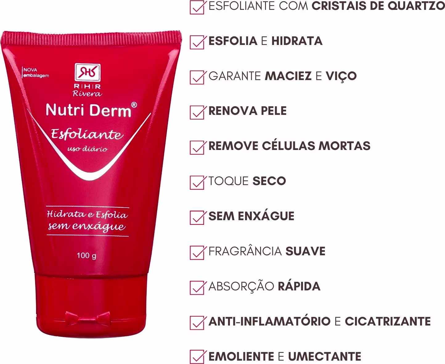 Creme esfoliante corporal RHR Cosméticos Nutri Derm com instruções de uso e benefícios.