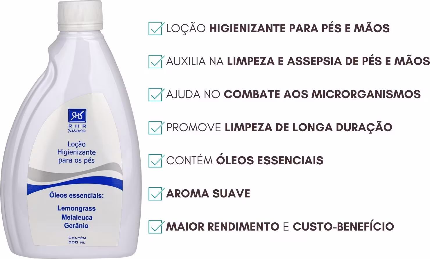 Loção Higienizante para Pés e Mãos RHR Cosméticos com instruções de uso e benefícios.