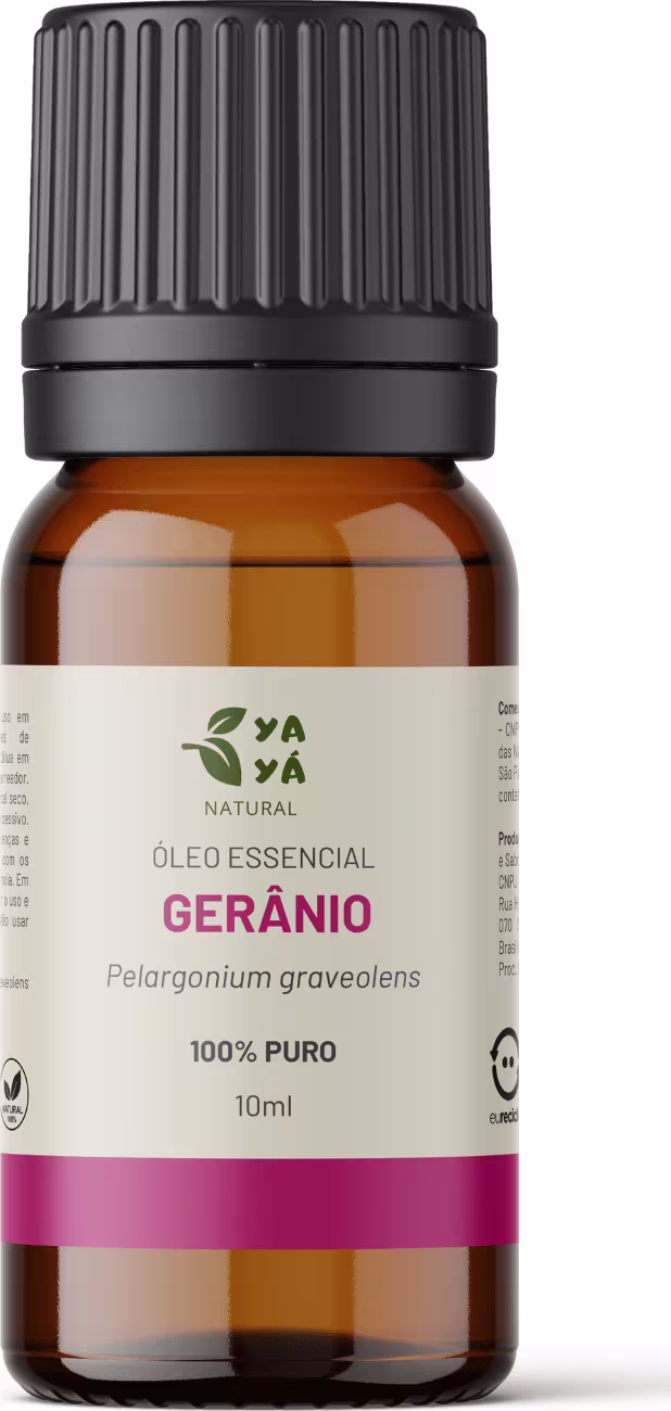 Frasco de óleo essencial de gerânio da marca Yayá Natural, com 10ml de volume, embalagem de vidro âmbar e tampa preta com ranhuras, rótulo branco com informações sobre o produto.