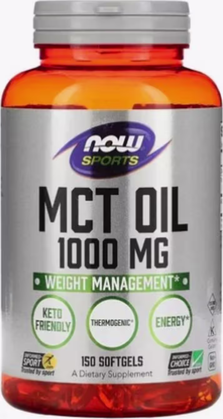 Este é um suplemento alimentar da marca Now Sports, contido em um frasco laranja transparente com tampa cinza. O rótulo indica que é um óleo de MCT 1000 mg. O rótulo destaca que é um produto termogênico e energético, voltado para o gerenciamento de peso