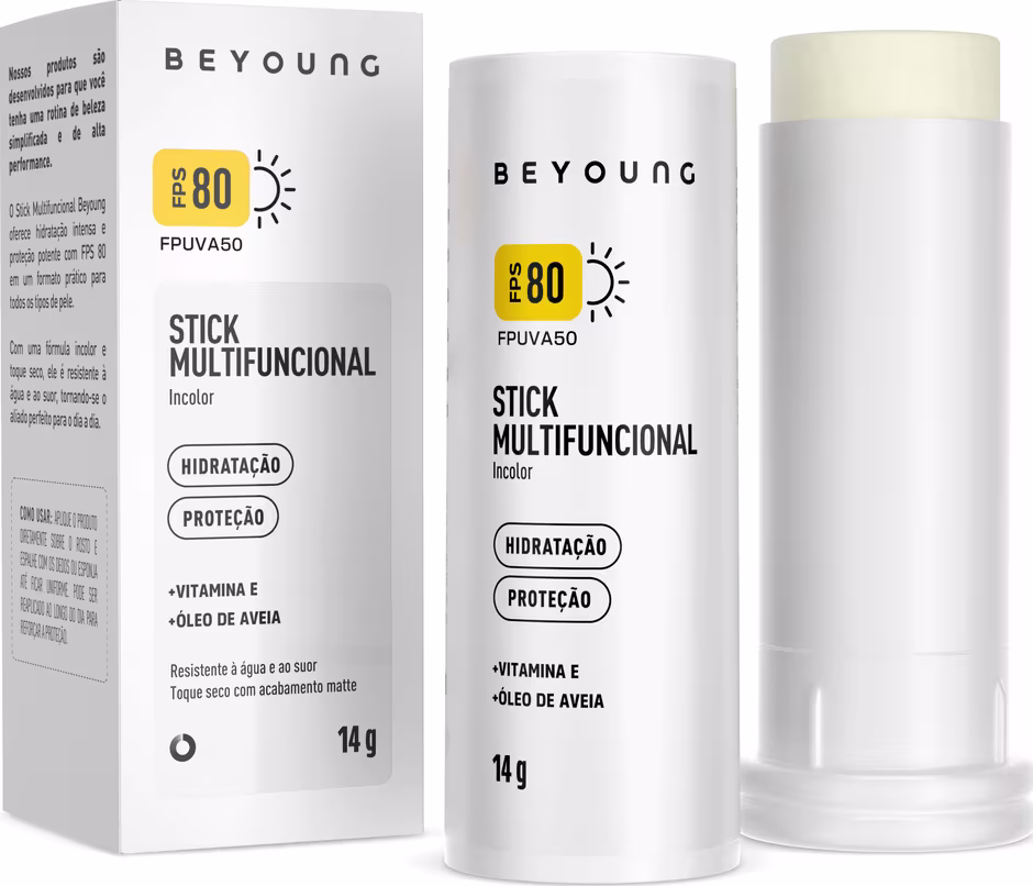Stick multifuncional Beyoung FPS 80, embalagem composta por uma caixa retangular branca e um stick cilíndrico. A caixa exibe o logotipo Beyoung, o nome do produto "Stick Multifuncional Incolor" e informações como "FPS 80", "Hidratação" e "Proteção".