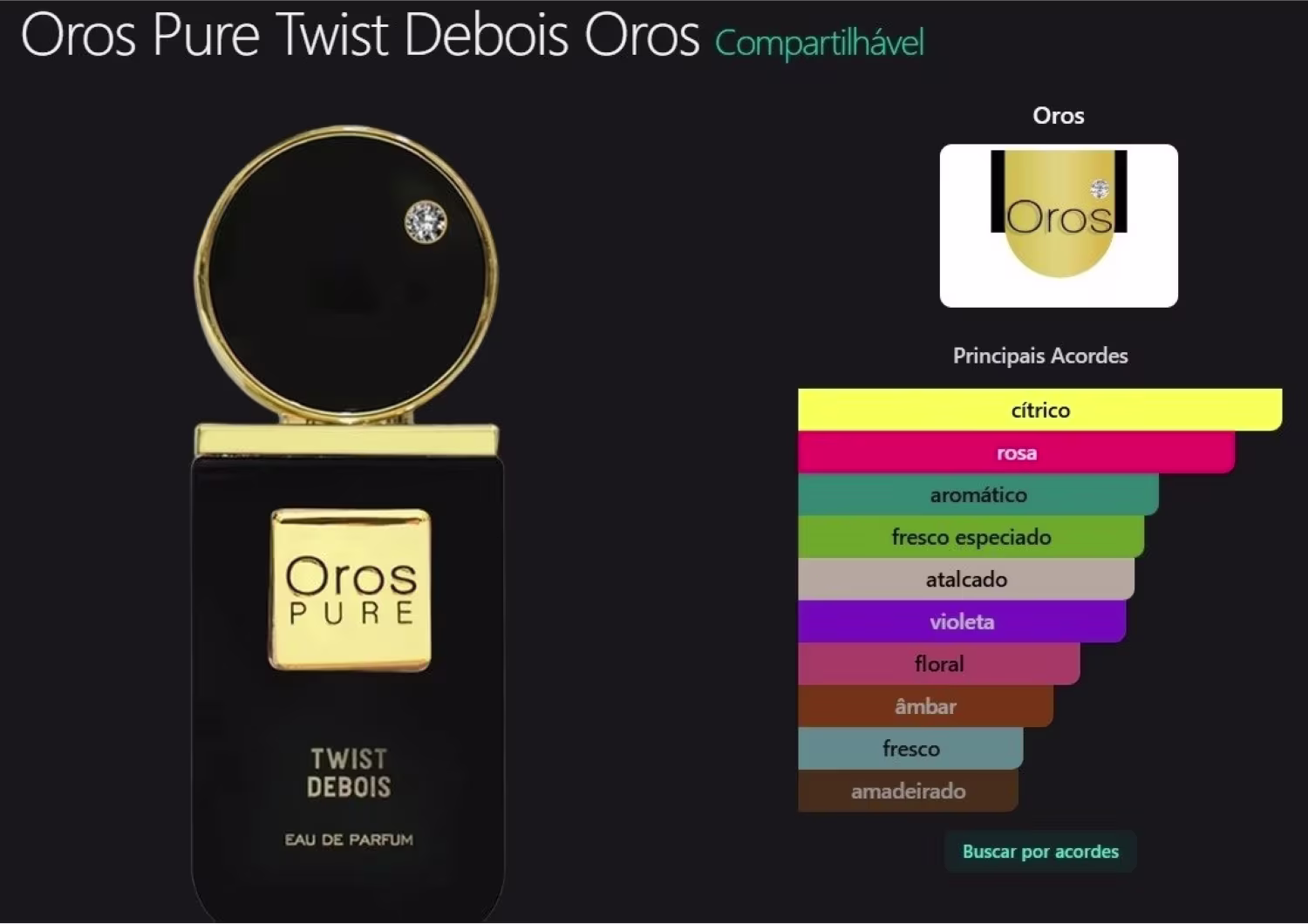 Oros Pure Twist Debois Oros Compartilhável. Principais Acordes: cítrico, rosa, aromático, fresco especiado, atalcado, violeta, floral, âmbar, fresco, amadeirado.