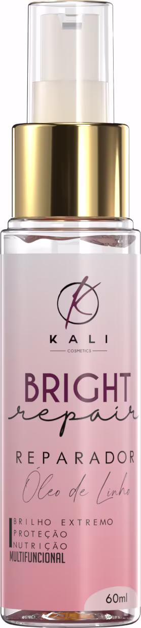 Frasco de vidro com bomba doseadora dourada contendo reparador de pontas da Kali Cosmetics, chamado "Bright repair reparador". O rótulo apresenta informações sobre o produto, como "Óleo de linhaça" e "Brilho extremo, proteção e nutrição multifuncional".