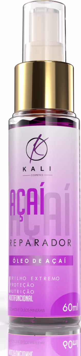 Frasco de óleo de açaí da marca Kali Cosmetics, com embalagem em tons de roxo e dourado, contendo 60ml do produto reparador.