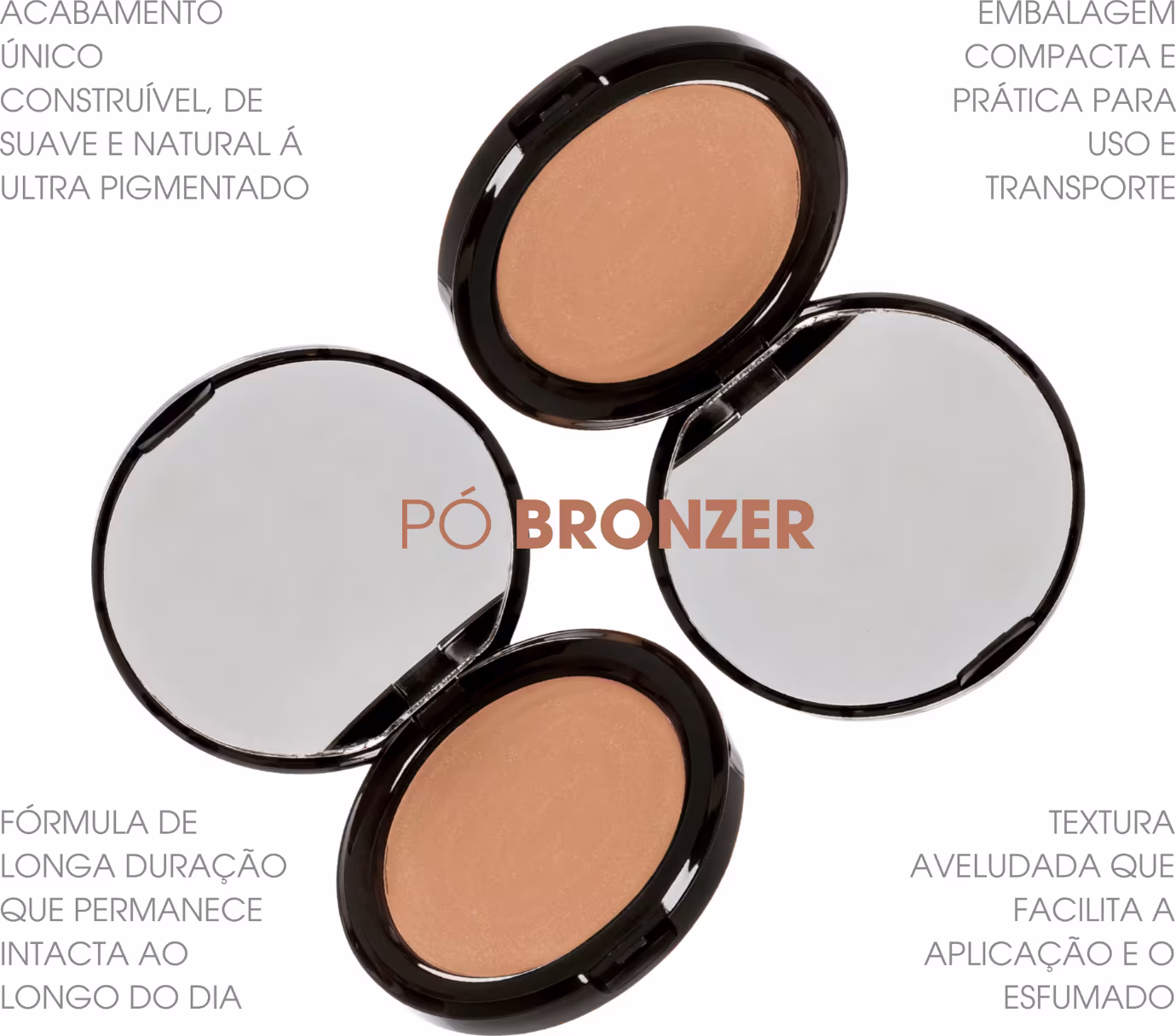 Texto destaca: "Pó Bronzer" com fórmula de longa duração que permanece intacta durante o dia, possui uma textura aveludada que facilita a aplicação e o esfumado.