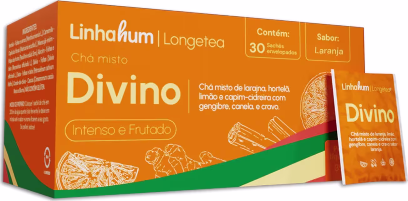 Caixa de chá misto Divino da marca Linhahum Longetea. A caixa é de cor laranja e verde, contendo 30 sachês individuais de chá com sabor de laranja. O rótulo destaca o nome "Divino" e menciona que o chá é de "Intenso e Frutado" sabor.