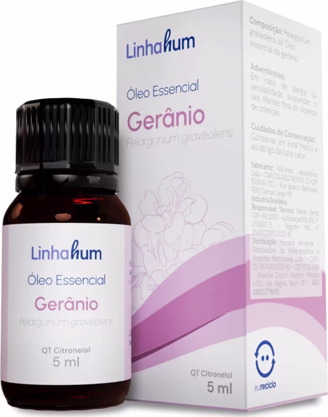 Óleo essencial de gerânio da marca Linhahum. O frasco está dentro de uma caixa branca com detalhes em rosa e azul, exibindo o nome do produto "Óleo Essencial Gerânio" e a marca "Linhahum" em destaque.
