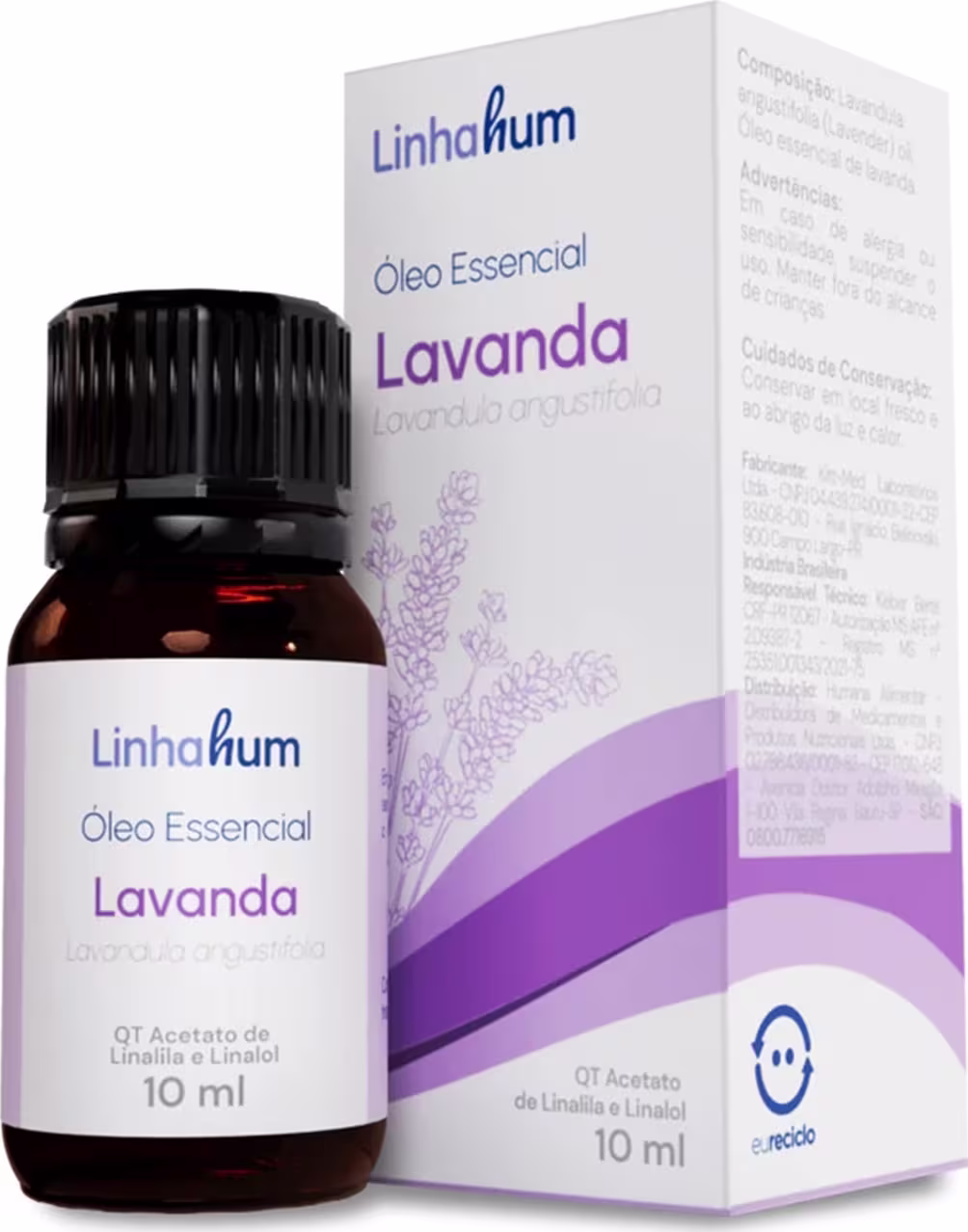 Óleo essencial de lavanda da marca Linhahum. O rótulo da caixa traz informações sobre o conteúdo, composição e outras características do óleo essencial de lavanda.