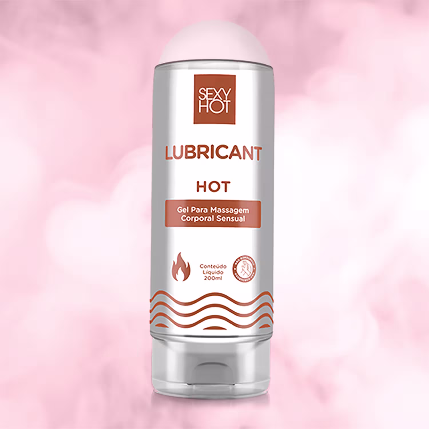 Lubrificante da marca Sexy Hot, com embalagem em formato de frasco cilíndrico de cor branca e detalhes em laranja. O rótulo exibe o nome "LUBRICANT HOT" e a informação "Gel Para Massagem Corporal Sensual".
