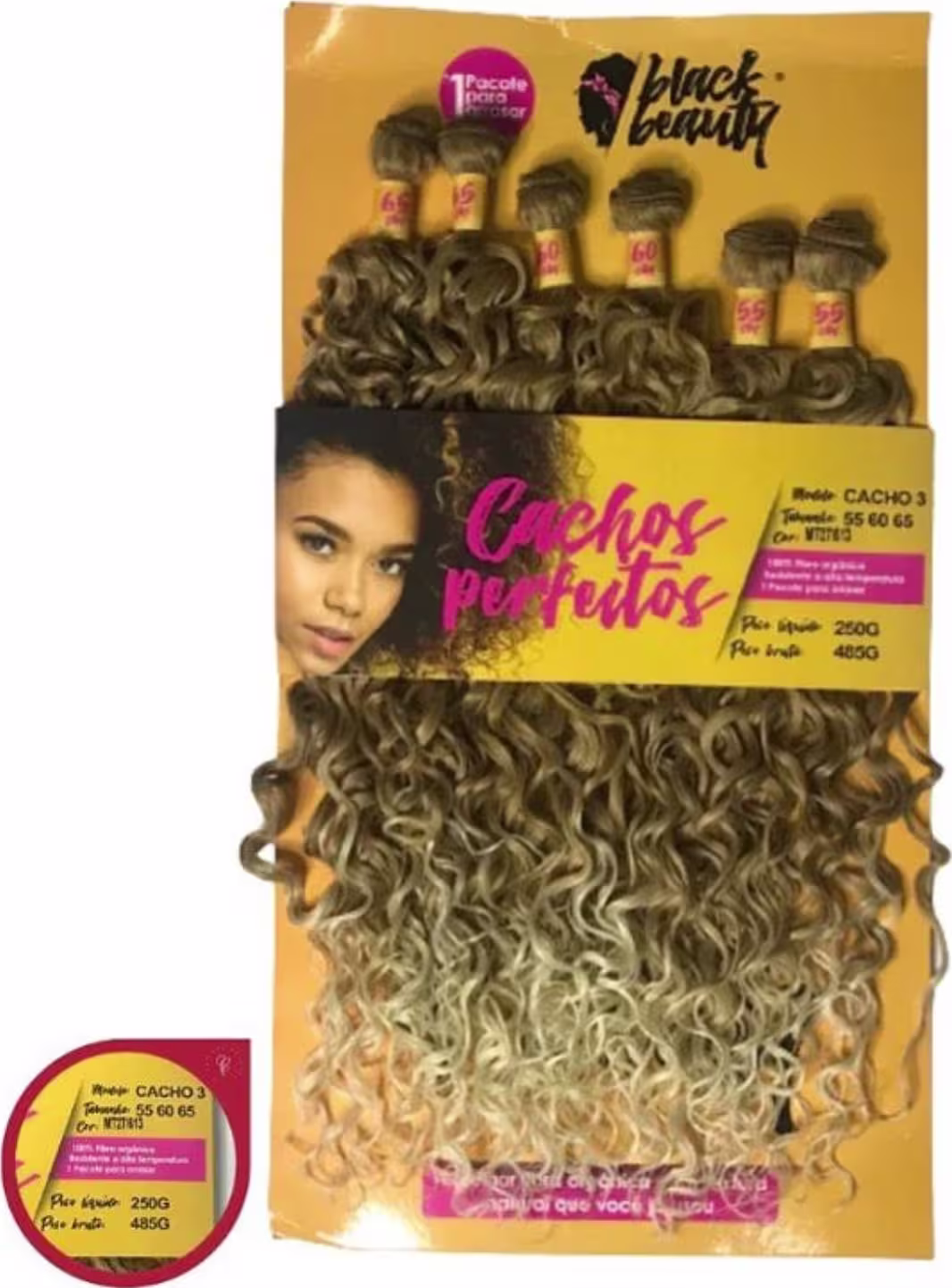 Conjunto de cachos perfeitos da marca Black Beauty. O produto consiste em diversos cachos de cabelo encaracolado, em tons de marrom e loiro, que parecem ser feitos de fibras sintéticas.