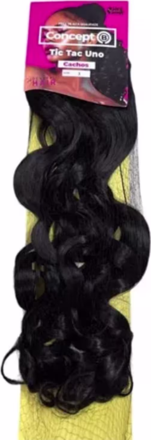 Extensão de cabelo com cachos longos e ondulados de cor castanho escuro. O cabelo parece ser de alta qualidade e tem uma aparência natural e sedosa.