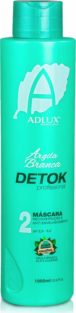 Máscara capilar. A embalagem é um frasco plástico de cor verde-turquesa com o logotipo da marca e o nome do produto "Argila Branca Detok" claramente visíveis. O frasco possui um volume de 1000ml.