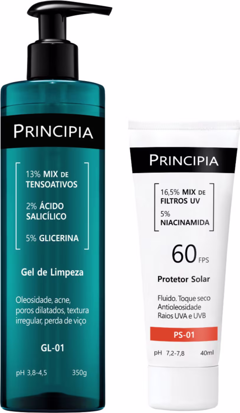 Gel de limpeza Principia com 13% de tensoativos, 2% de ácido salicílico e 5% de glicerina, em embalagem de 350g com bomba. Protetor solar Principia com FPS 60, 16,5% de filtros UV e 5% de niacinamida, em tubo de 40ml.
