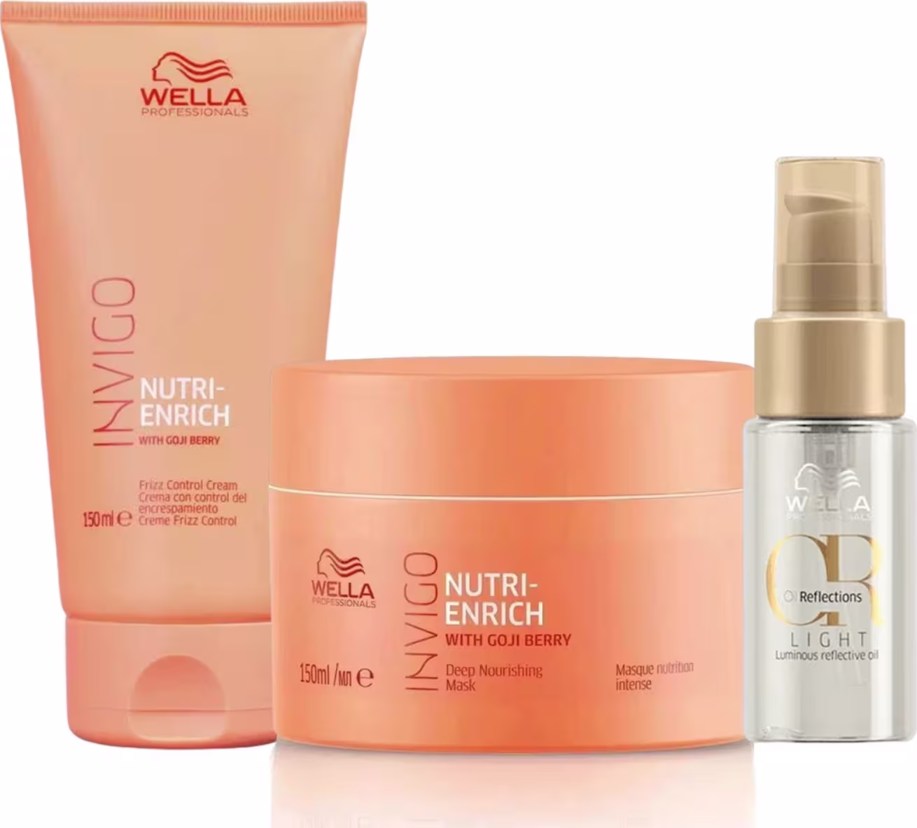 Kit Wella Professionals Invigo Nutri-Enrich + Oil Reflections Light Trio Intense, 3 produtos.