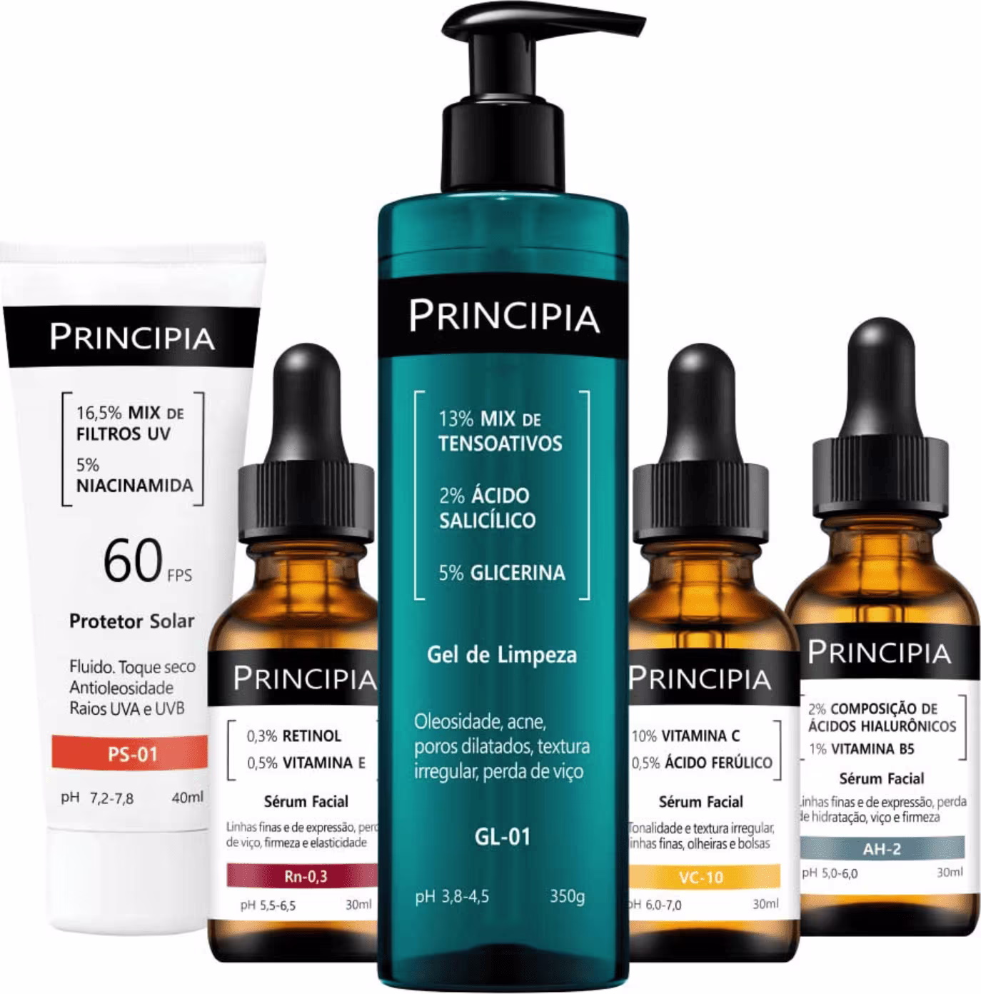 Protetor solar, soro facial, gel de limpeza e soro facial com ácidos hialurônicos. Embalagens em frascos e caixas com cores predominantes preto e azul. Rótulos com informações sobre os ingredientes e propriedades dos produtos.