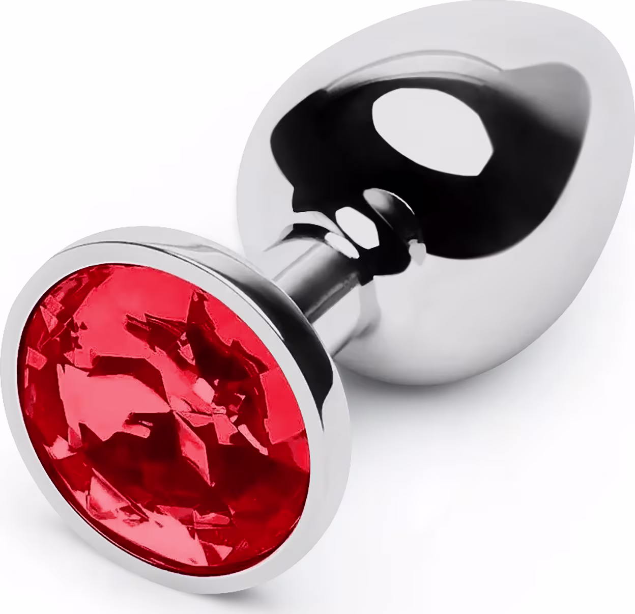 O produto apresentado é um plug anal de metal com uma gema vermelha incrustada na extremidade. O corpo do plug é prateado e liso, com uma base alargada para maior segurança e conforto durante o uso.