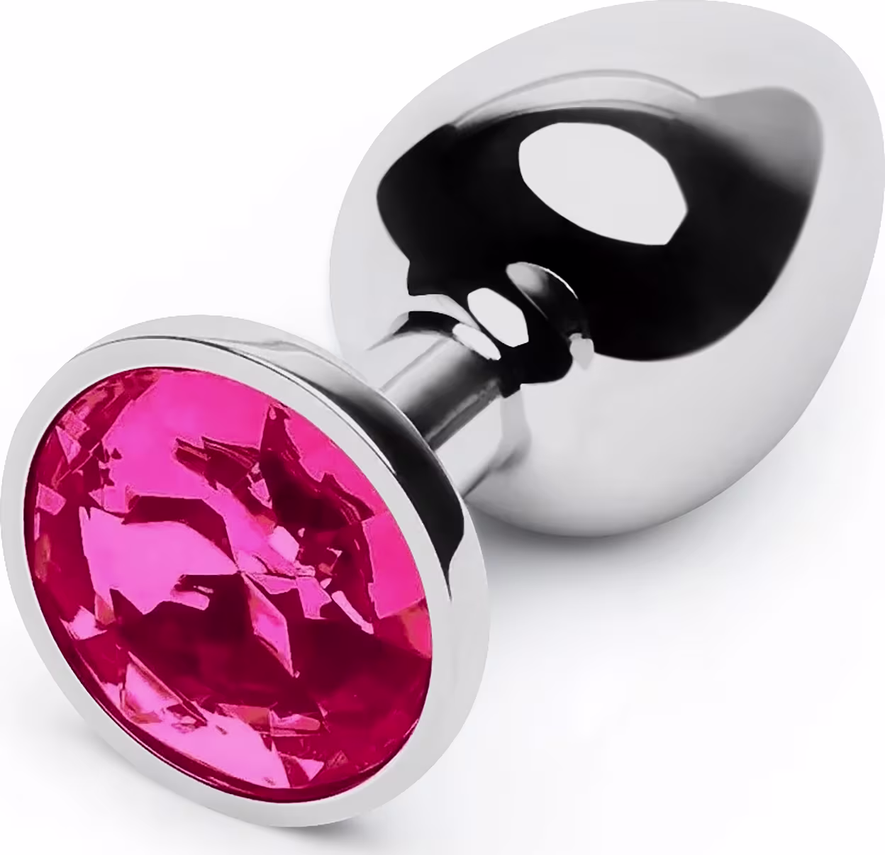 O produto apresentado é um plug anal de metal com uma grande gema rosa brilhante na extremidade. O corpo do plug é prateado e polido, com uma forma arredondada e suave.
