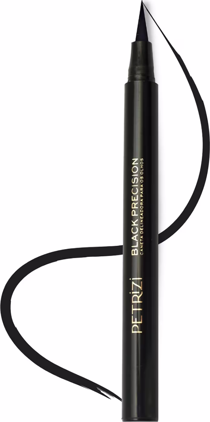Caneta delineadora preta Black Precision da marca Petrizi Makeup, com ponta fina e precisa para aplicação de delineado. Embalagem preta com texto em branco indicando o nome do produto.