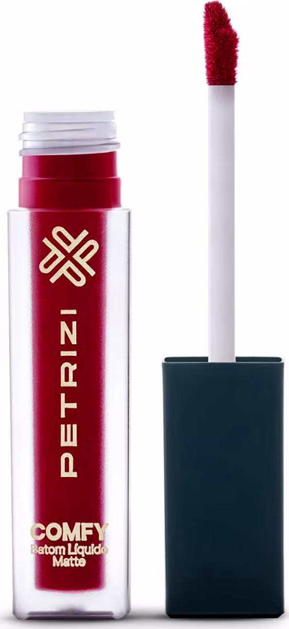 Batom líquido Comfy da Petrizi Makeup na cor vermelha, com embalagem cilíndrica transparente