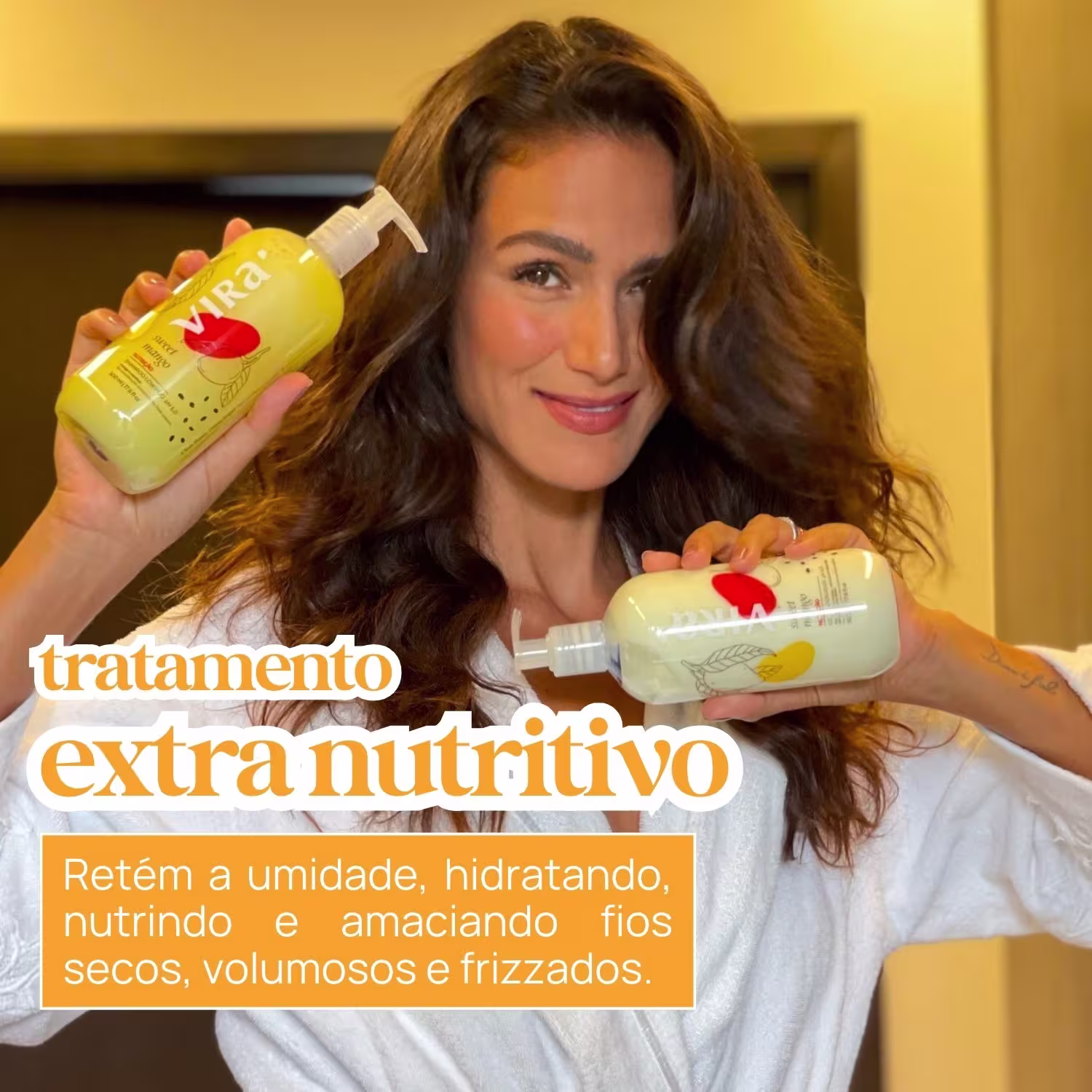 Tratamento extra nutritivo. Retem a umidade, hidratando, nutrindo e amaciando fios secos, volumosos e frisados.
