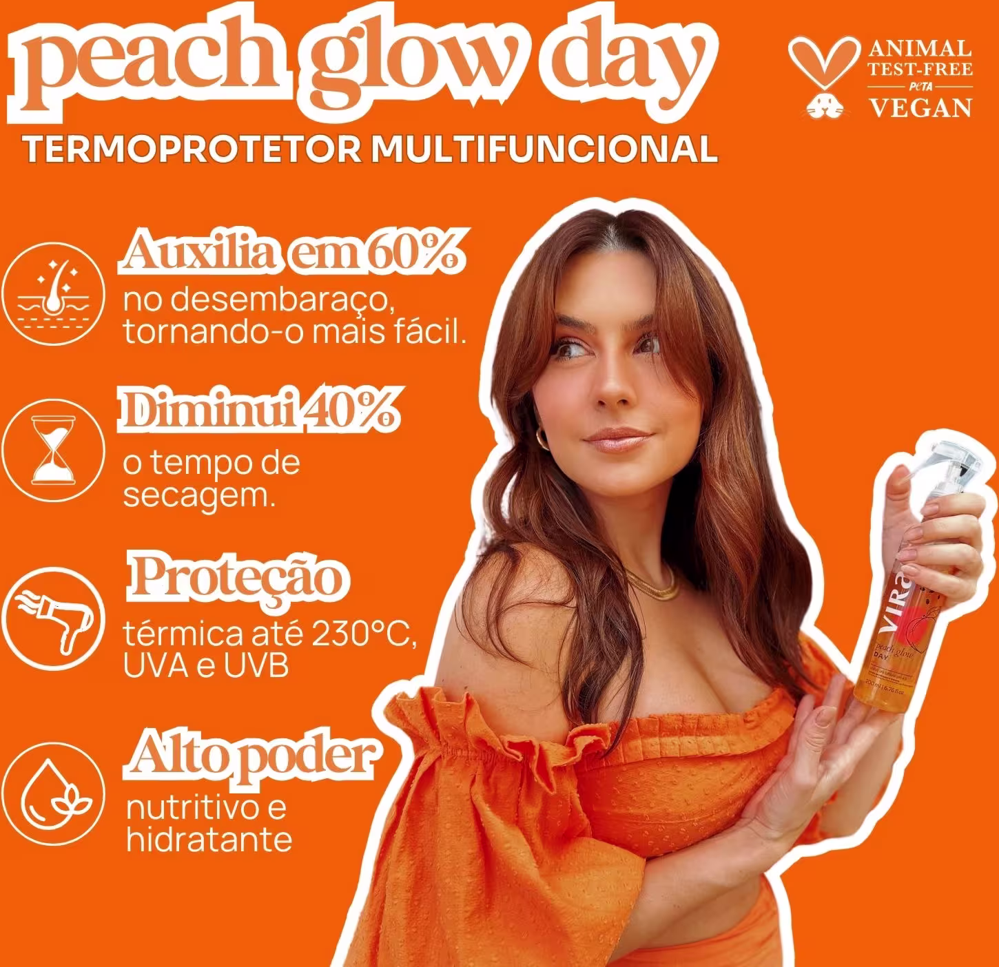 Termopretetor multifuncional. Auxilia em 60% no desembaraço, tornando-o mais fácil. Diminui 40% o tempo de secagem. Proteção térmica até 230°C, UVA e UVB. Alto poder nutritivo e hidratante.