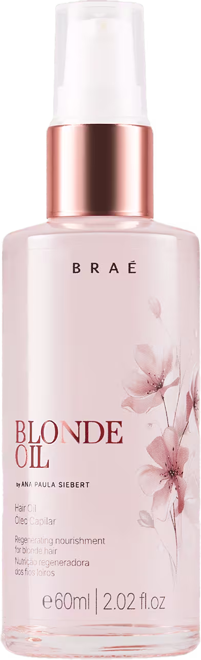 Frasco de óleo capilar Braé Blonde Oil, com embalagem branca e detalhes em rosa dourado, contendo 60ml do produto regenerador e nutritivo para cabelos loiros.