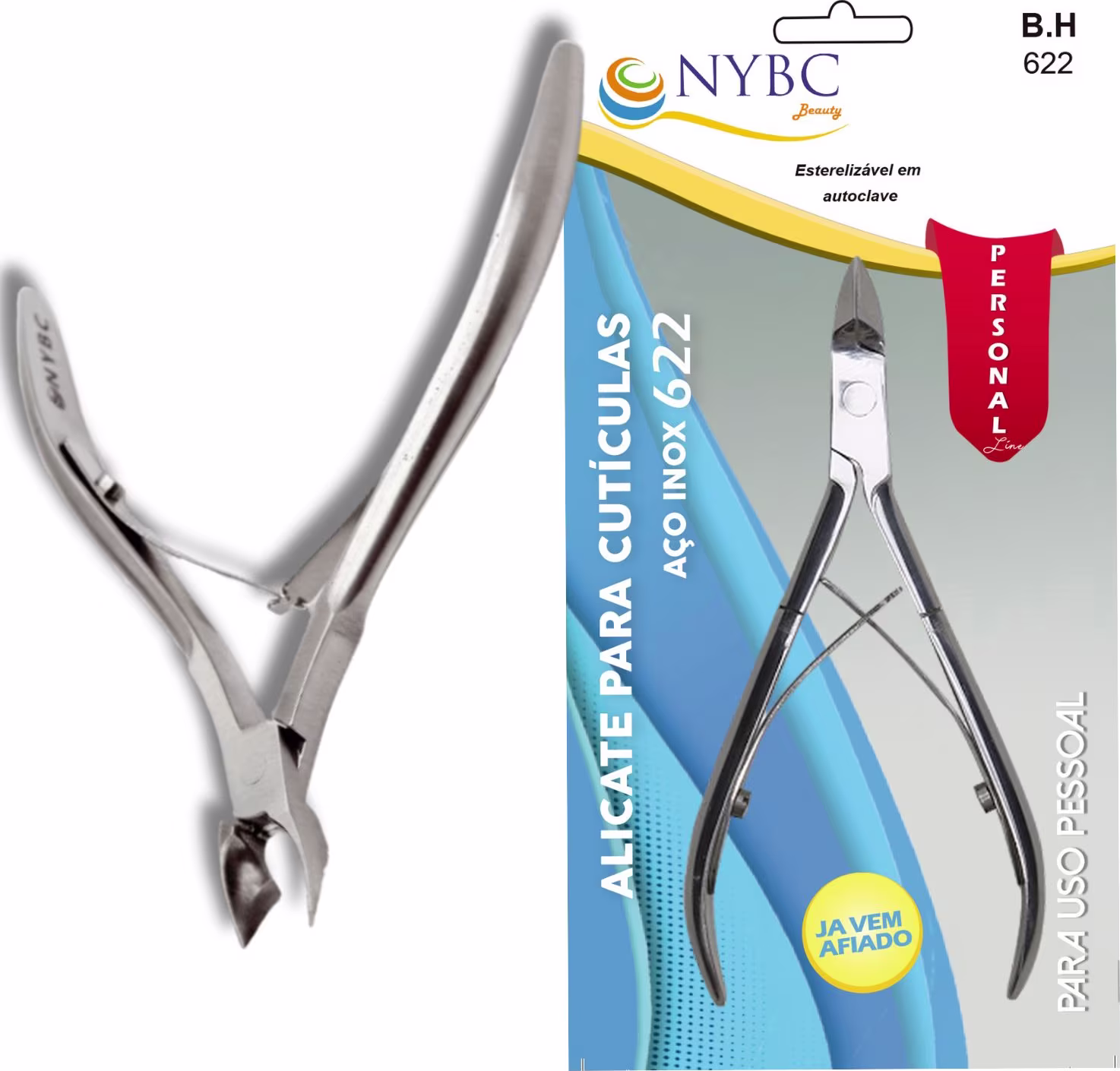 Alicate para cutículas da marca NYBC Beauty. O alicate possui um design prateado e ergonômico, com uma embalagem azul e amarela que destaca o nome da marca e a informação de que o produto é esterilizável em autoclave.