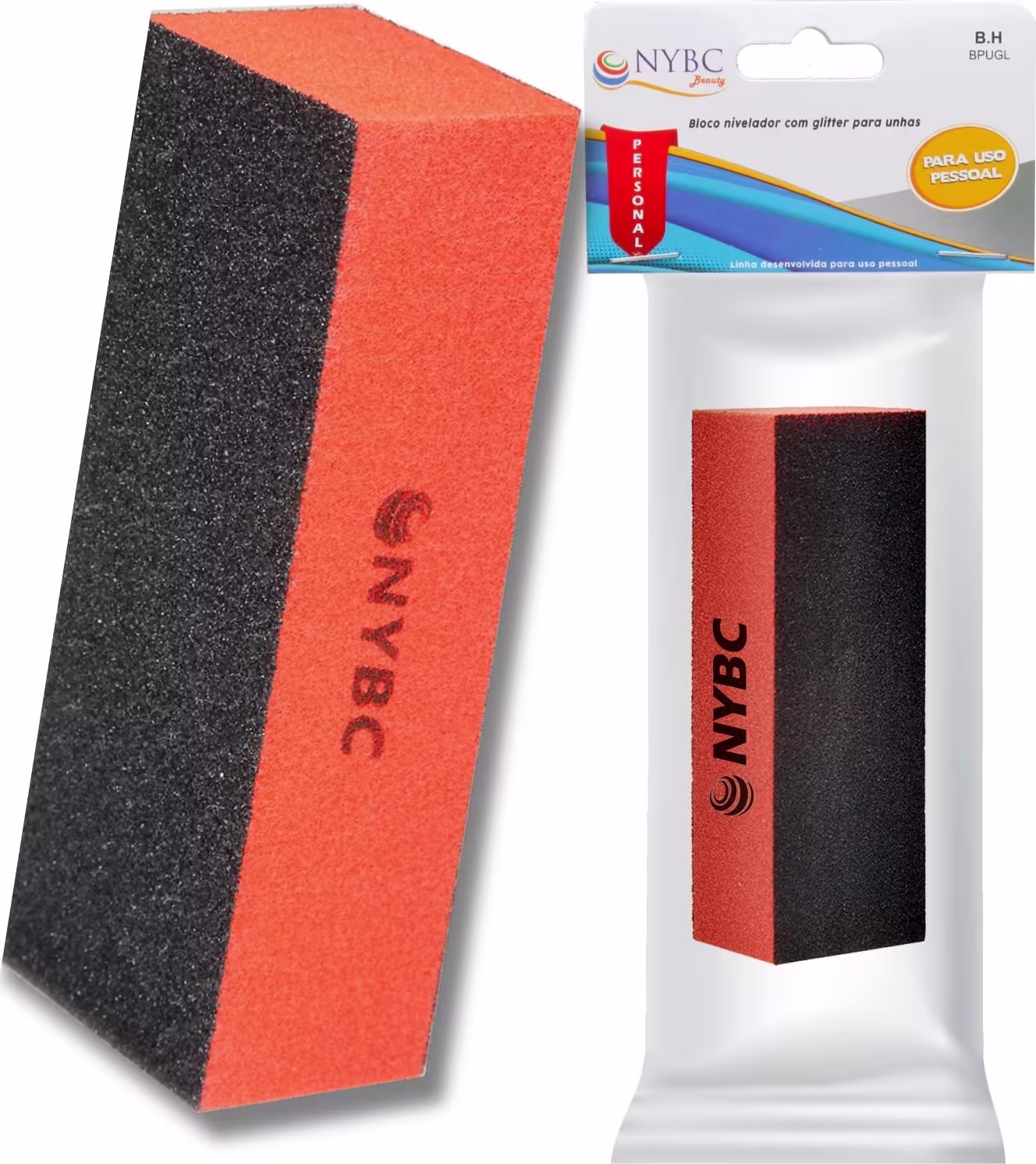 Bloco nivelador com glitter para unhas da marca NYBC Beauty. Ele consiste em um bloco retangular com duas cores distintas: uma parte preta e outra parte laranja. O bloco possui a marca "NYBC" impressa na superfície laranja.