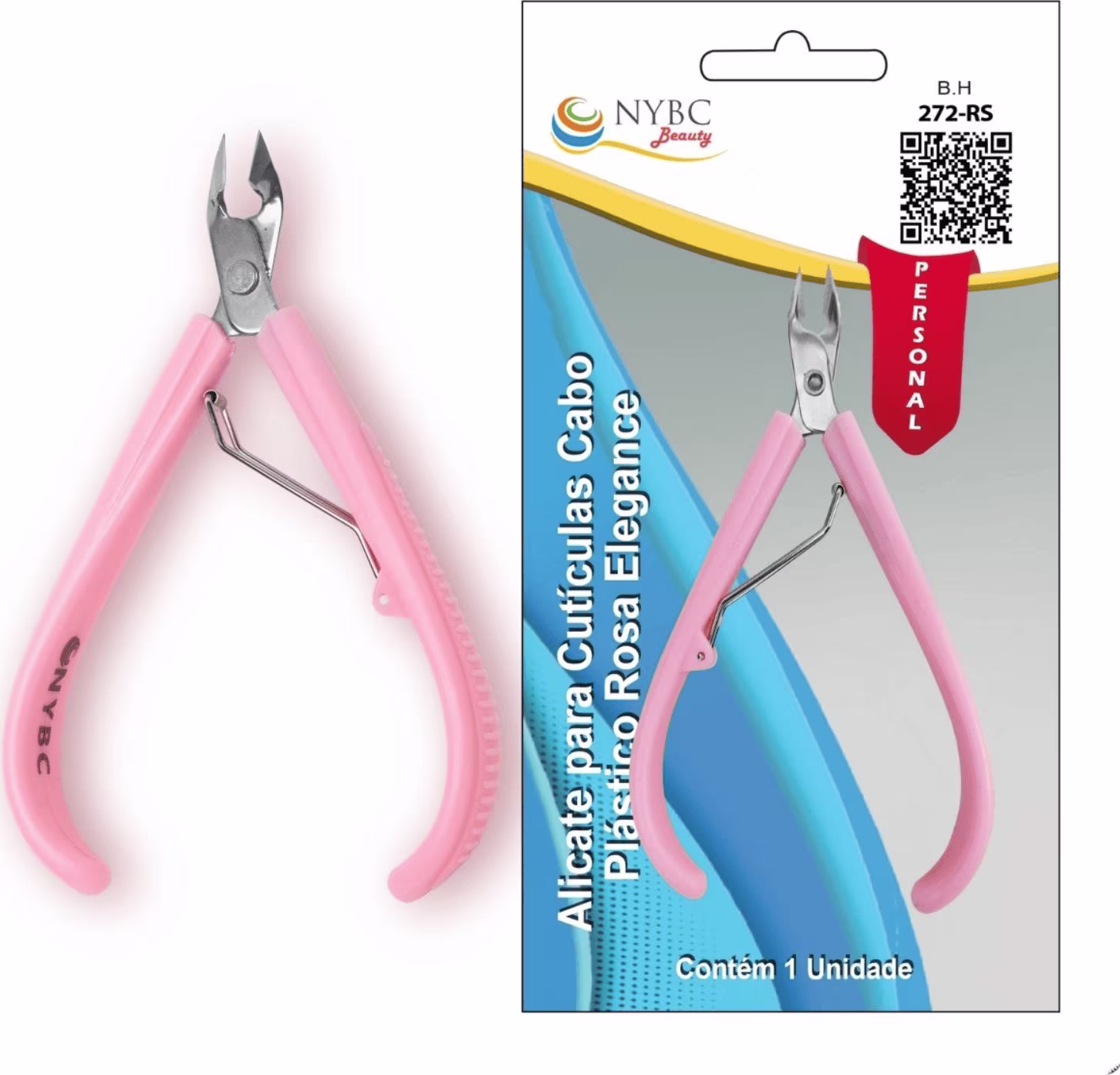Alicate para cutículas da marca NYBC Beauty. Trata-se de um alicate de metal com empunhadura rosa, embalado em uma caixa com informações sobre o produto.  O alicate é projetado para cuidados com as cutículas e unhas.