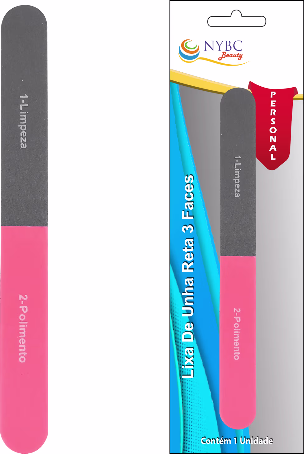 Lixa de unha da marca NYBC Beauty. A lixa possui um design em duas cores, sendo a parte superior cinza e a inferior rosa.