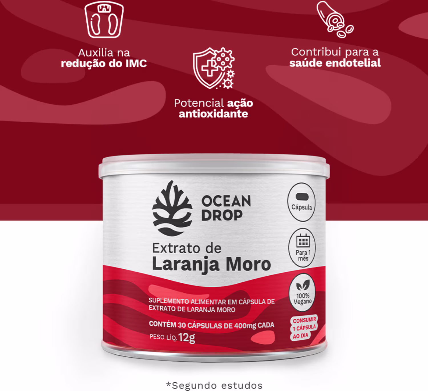 Suplemento Alimentar Ocean Drop Extrato de Laranja Moro, 30 cápsulas.