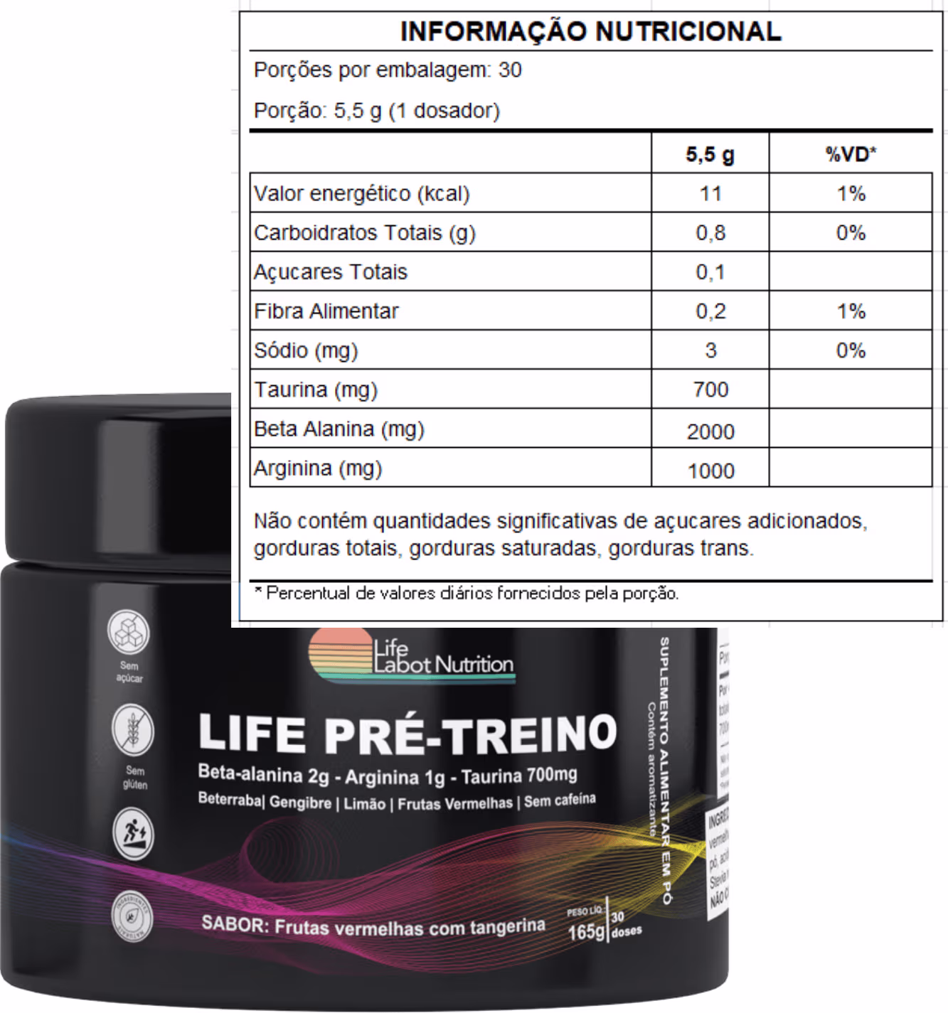 Suplemento Alimentar em Pó Life Labot Nutrition Life Pré-Treino, 165g.