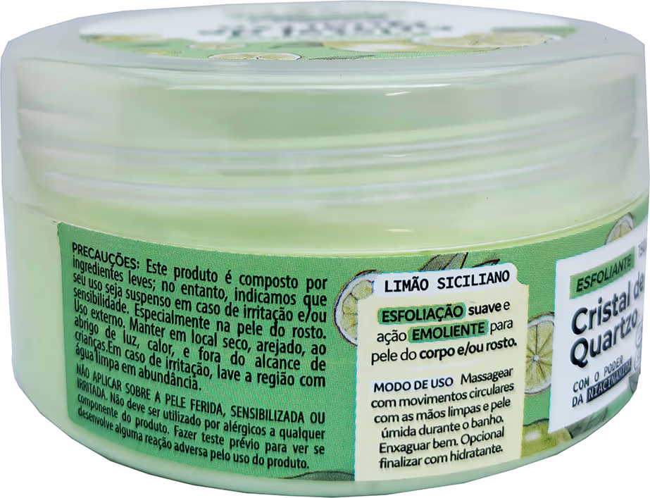 O rótulo traz informações sobre o modo de uso e benefícios do produto, como "esfoliação suave" e "ação emoliente para a pele do corpo".