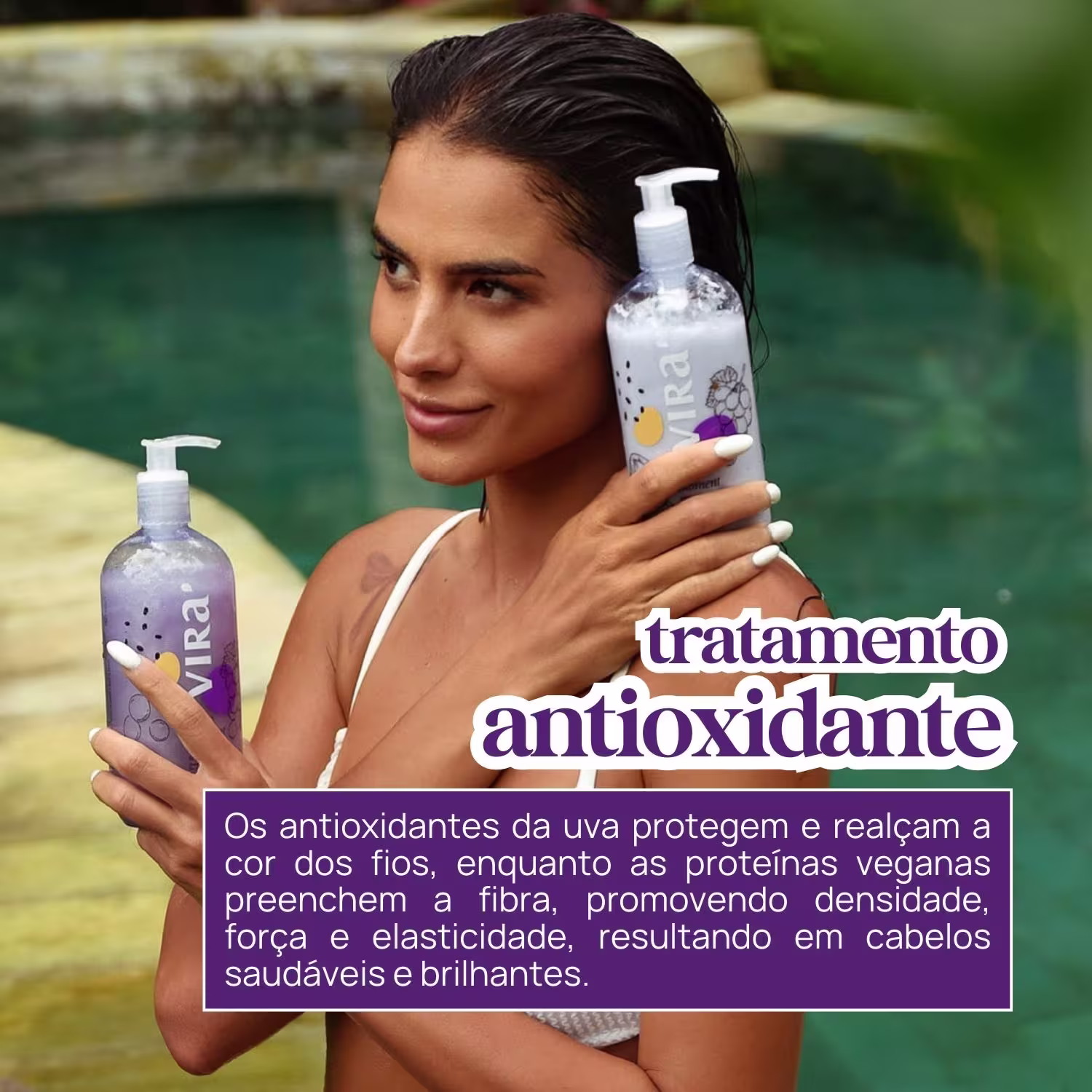 Os antioxidantes da uva protegem e realçam a cor dos fios, enquanto as proteínas veganas preenchem a fibra, promovendo densidade, força e elasticidade, resultando em cabelos saudáveis e brilhantes.