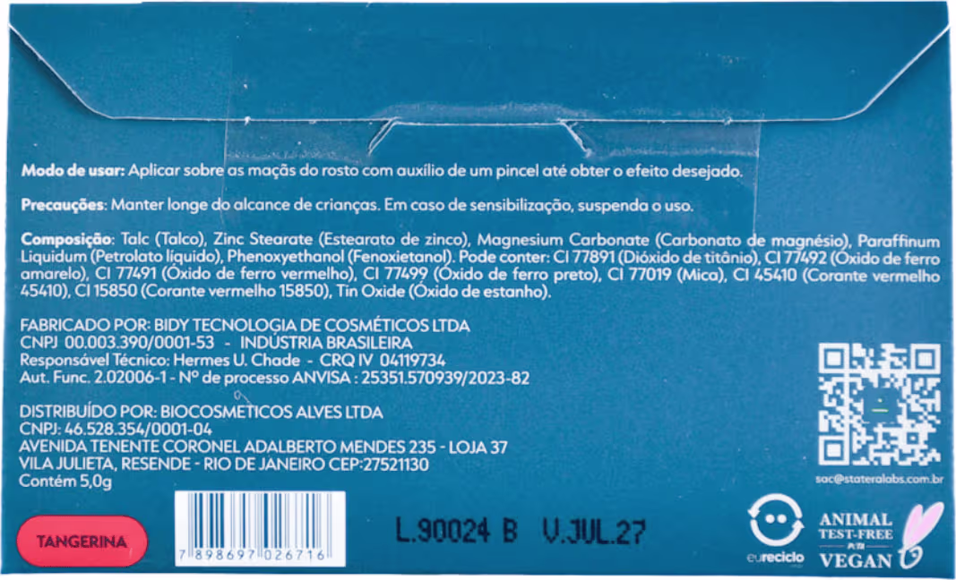 A caixa contém informações sobre o modo de usar, precauções e composição do produto e informações sobre a fabricação, distribuição e registro do produto.