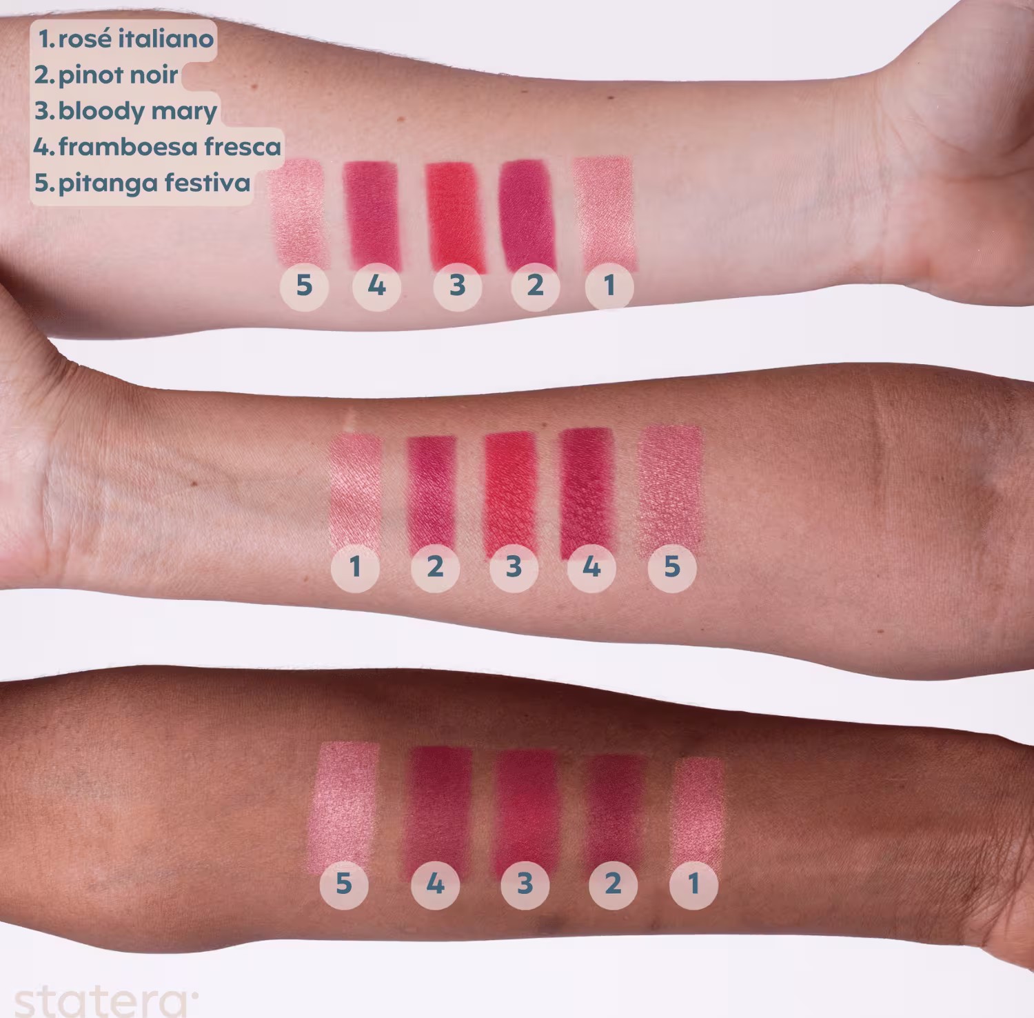 A imagem mostra uma série de amostras de cor em diferentes tons de rosa e vermelho, numeradas de 1 a 5: "rosé italiano", "pinot noir", "bloody mary", "framboesa fresca" e "pitanga festiva".