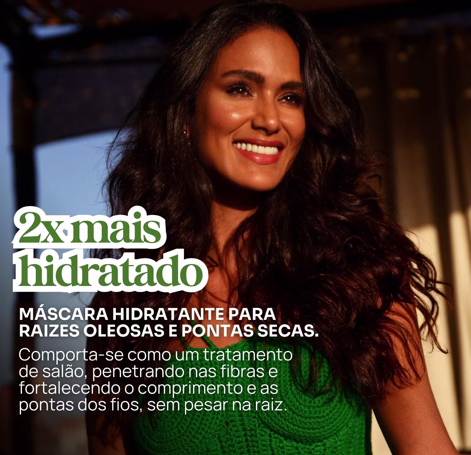 Máscara hidratante para raízes oleosas e pontas secas. Comporta-se como um tratamento de salão, penetrando nas fibras e fortalecendo o comprimento e as pontas dos fios, sem pesar na raiz.