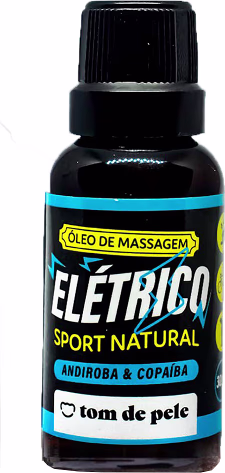 Frasco de óleo de massagem Elétrico Sport Natural da marca Tom de Pele, com rótulo preto e azul destacando os ingredientes Andiroba e Copaíba.