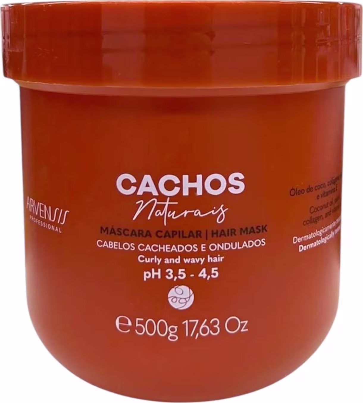 Embalagem de plástico laranja com rótulo branco contendo a marca "Cachos Naturais" e informações sobre uma máscara capilar para cabelos cacheados e ondulados, com pH entre 3,5 e 4,5.