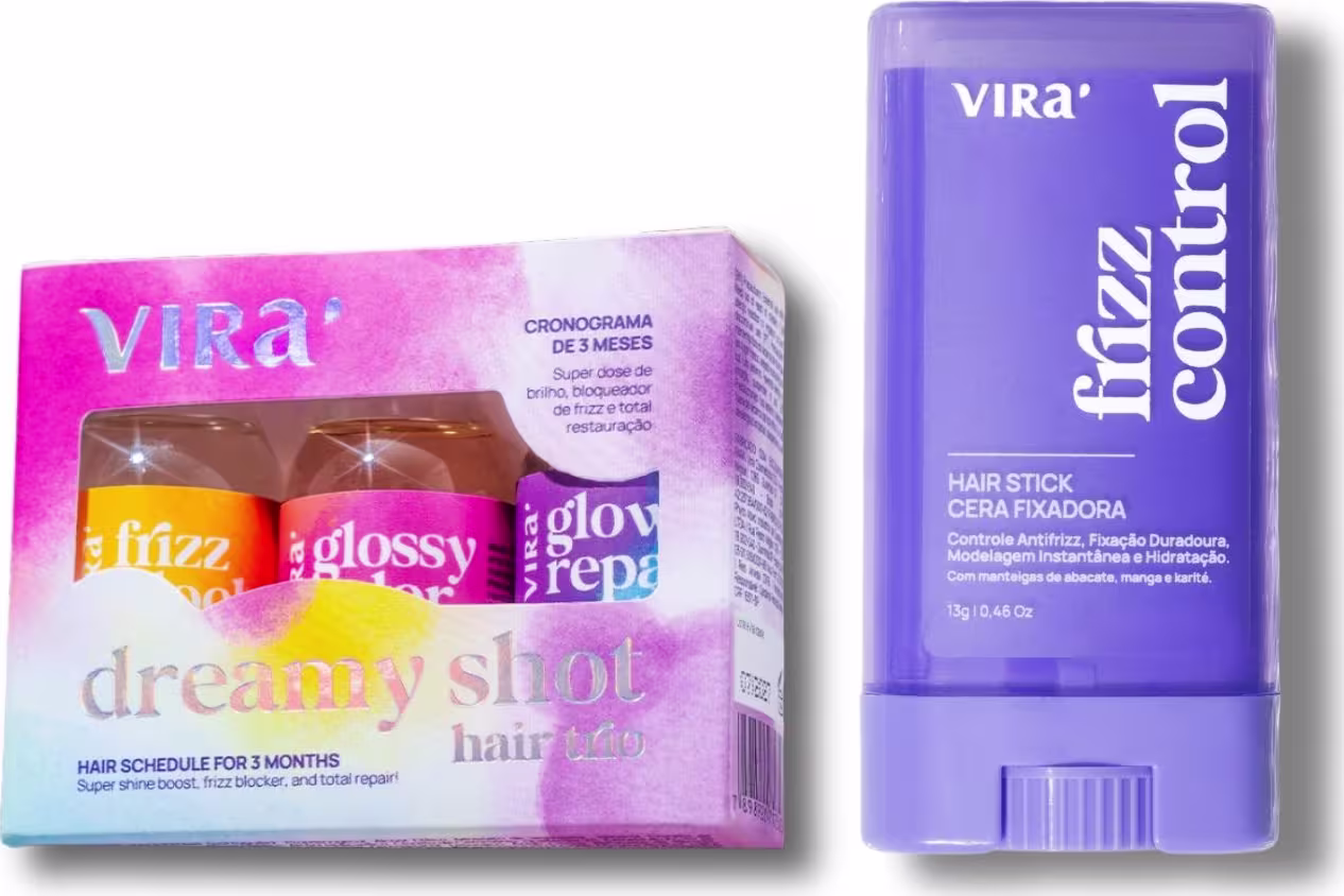 A imagem mostra Dreamy shot hair trio e hair stick cera fixadora da Virá Cosméticos
