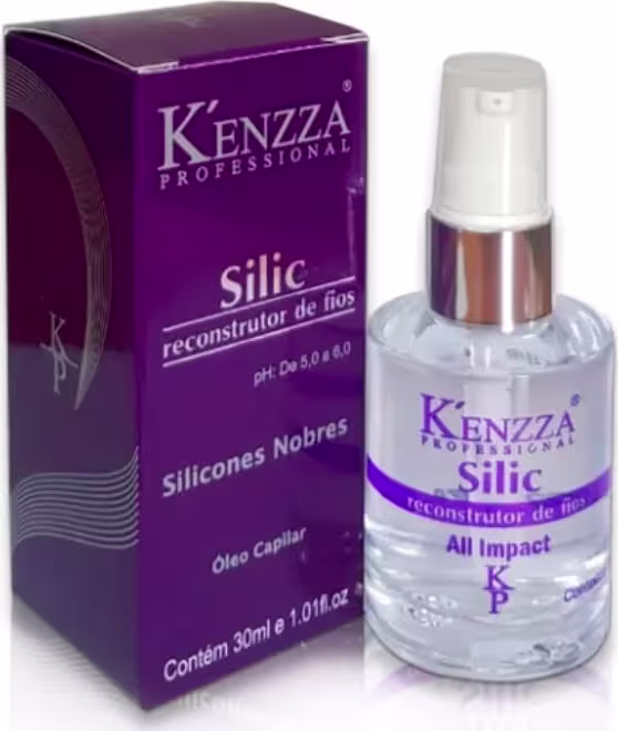 Frasco de 30ml de Silic, um produto de reconstrução de fios da marca Kenzza, em embalagem roxa com rótulo destacando o nome do produto e a marca.