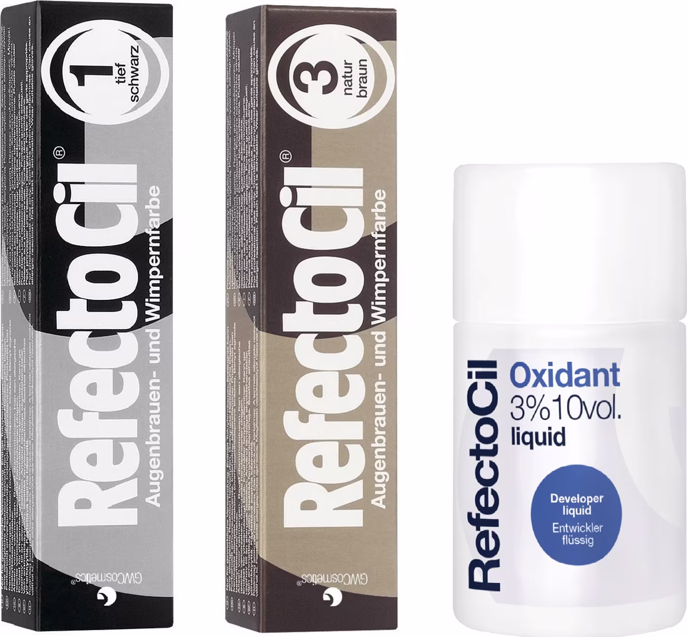 Caixas de coloração RefectoCil em preto e marrom, com logotipo e informações sobre o produto. Também há um frasco de Oxidante RefectoCil 3% 10vol. Líquido, um revelador para uso com os produtos de coloração.