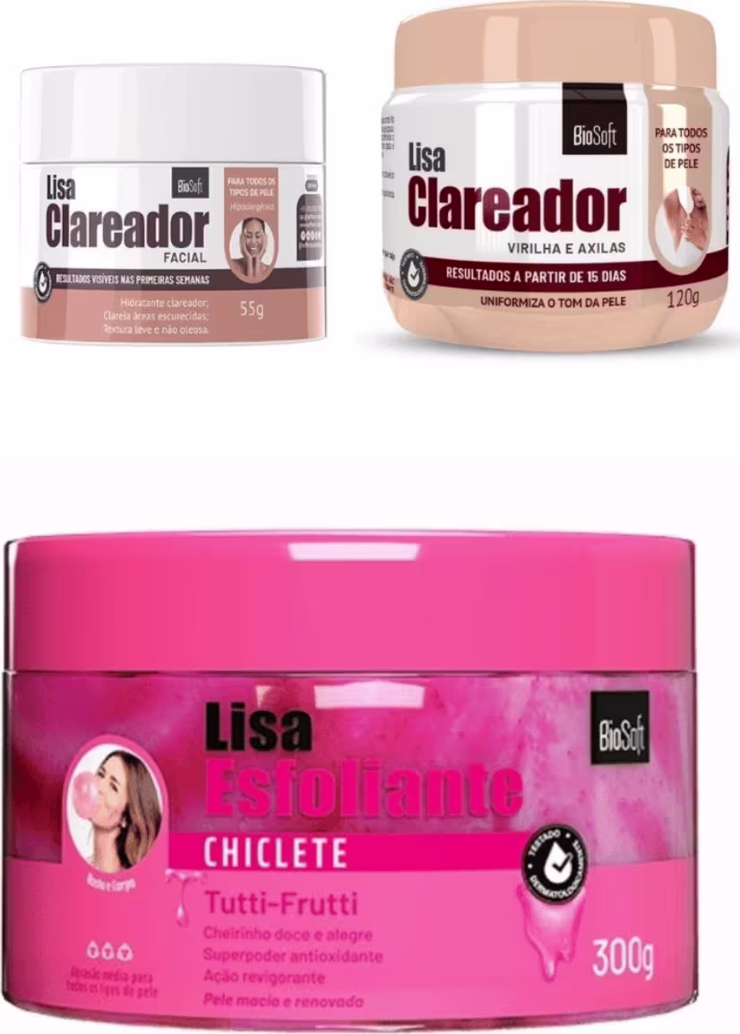 Kit Bio Soft Clareador de Manchas + Esfoliante, 3 produtos.